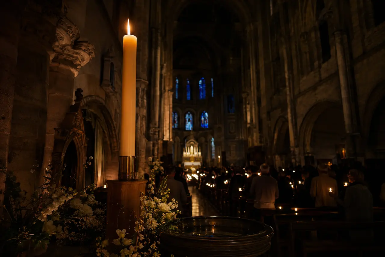 Cierge pascal allumé dans une église pendant la vigile de Pâques