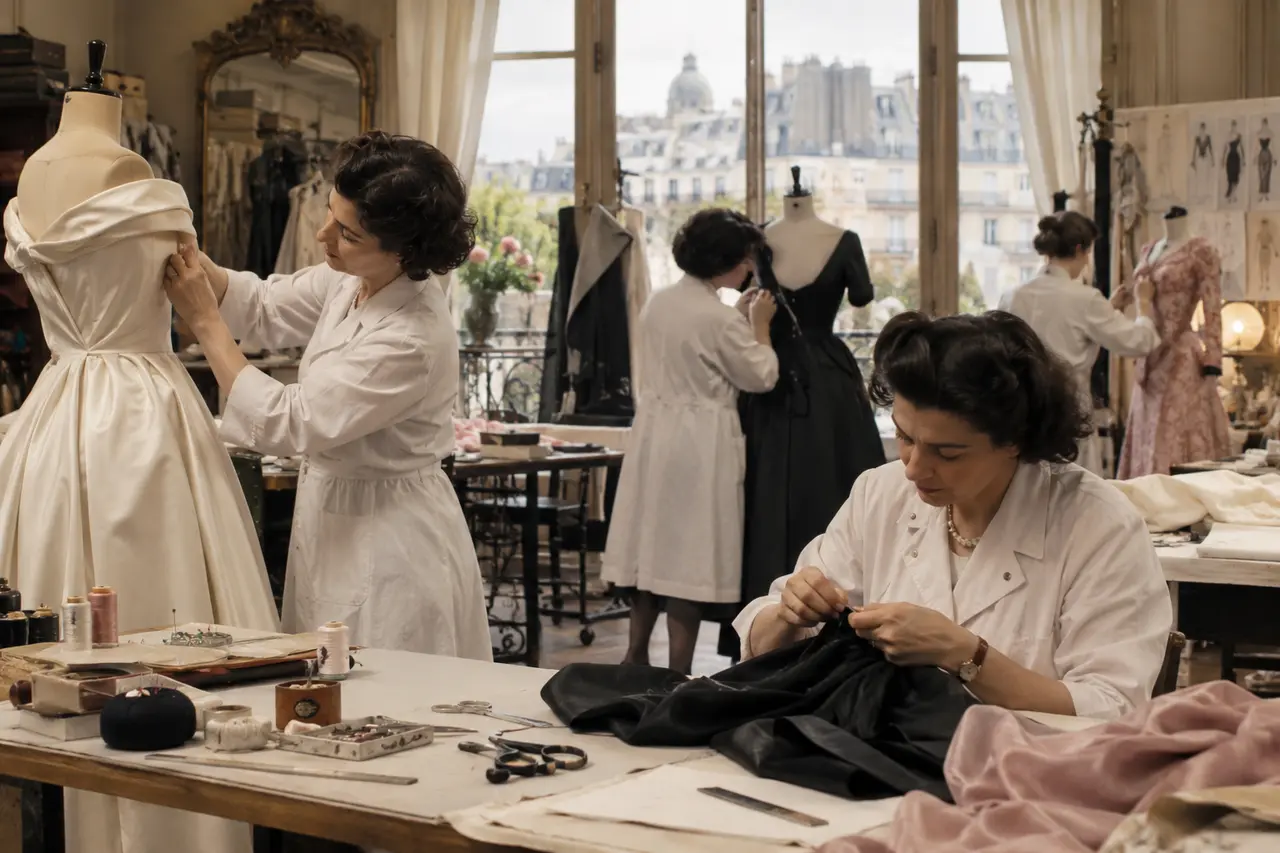 Couturières travaillant dans un atelier parisien du milieu du XXe siècle