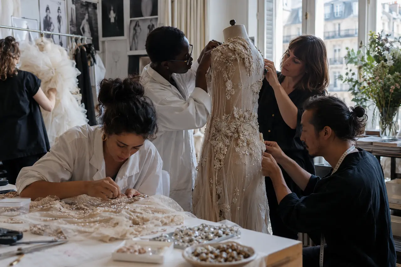 Artisans de mode finalisant broderies et ajustements dans un atelier parisien