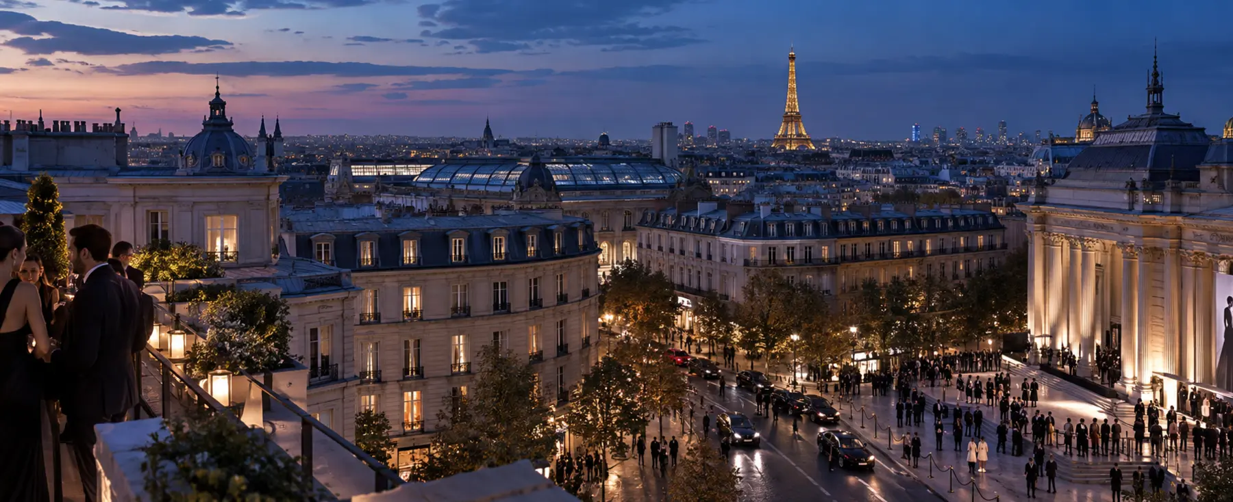 Panorama des toits et lieux parisiens animés pendant une semaine de la mode