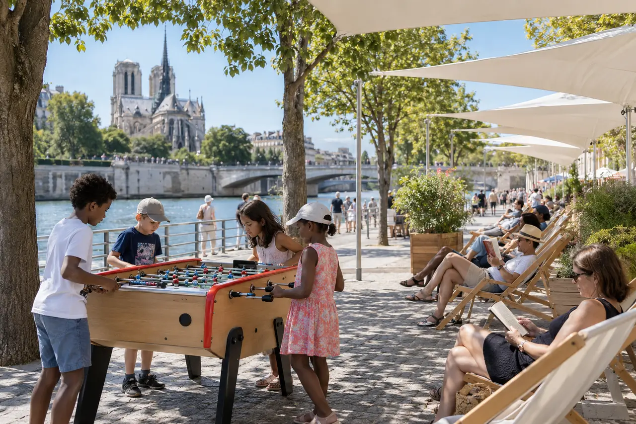 Enfants jouant au baby-foot et adultes lisant à l’ombre sur les Rives de Seine