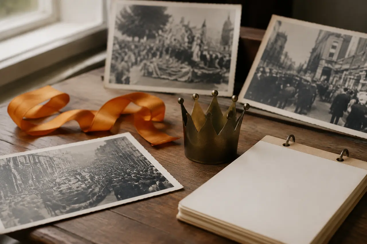 Photographies anciennes, ruban orange et couronne de bureau évoquant l’histoire du Jour du Roi