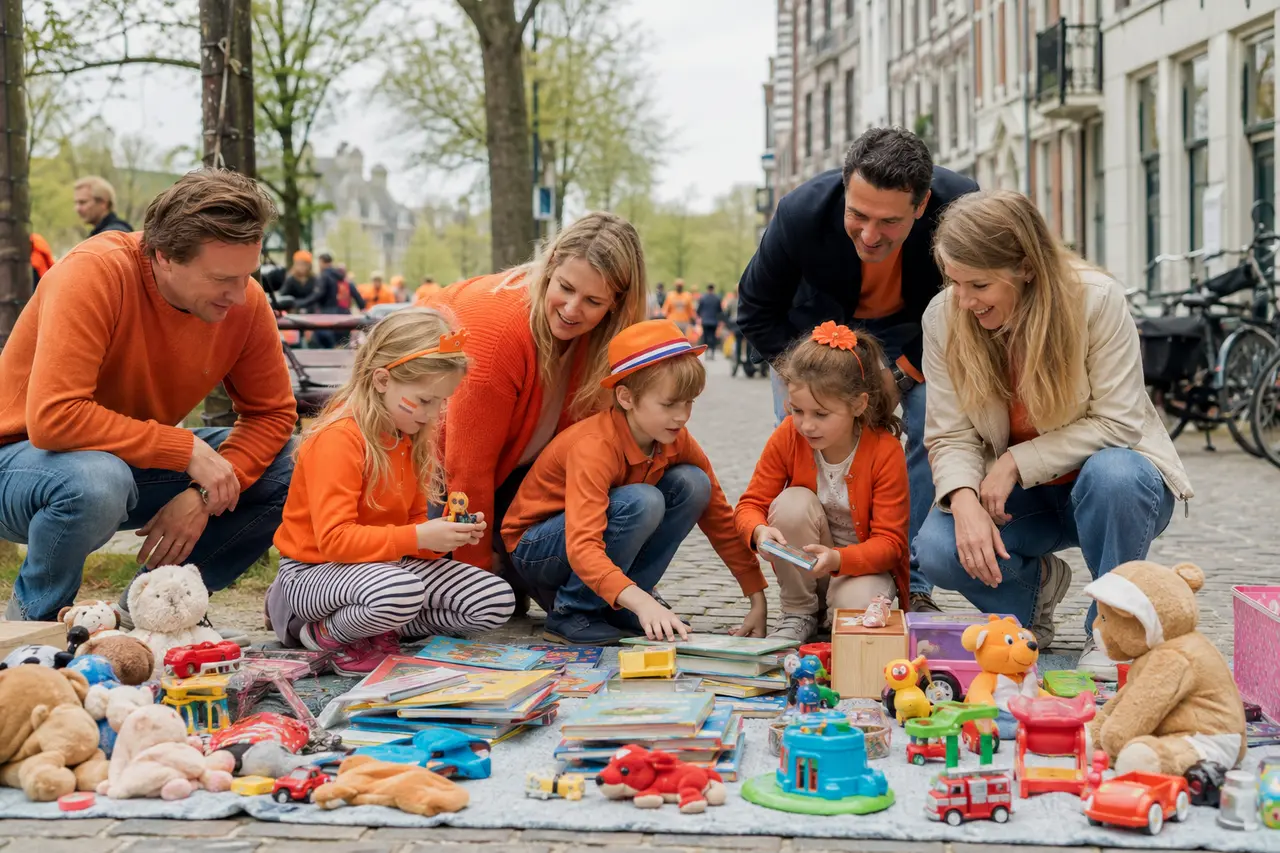 Quatre adultes et trois enfants autour de jouets d’occasion lors d’un vrijmarkt