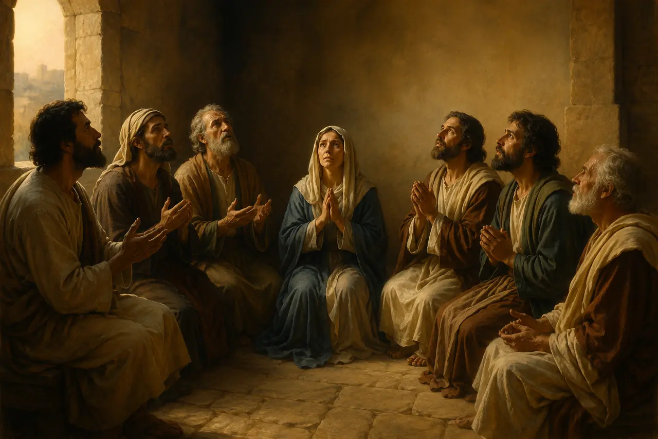 Peinture représentant Marie et six apôtres réunis lors de la Pentecôte