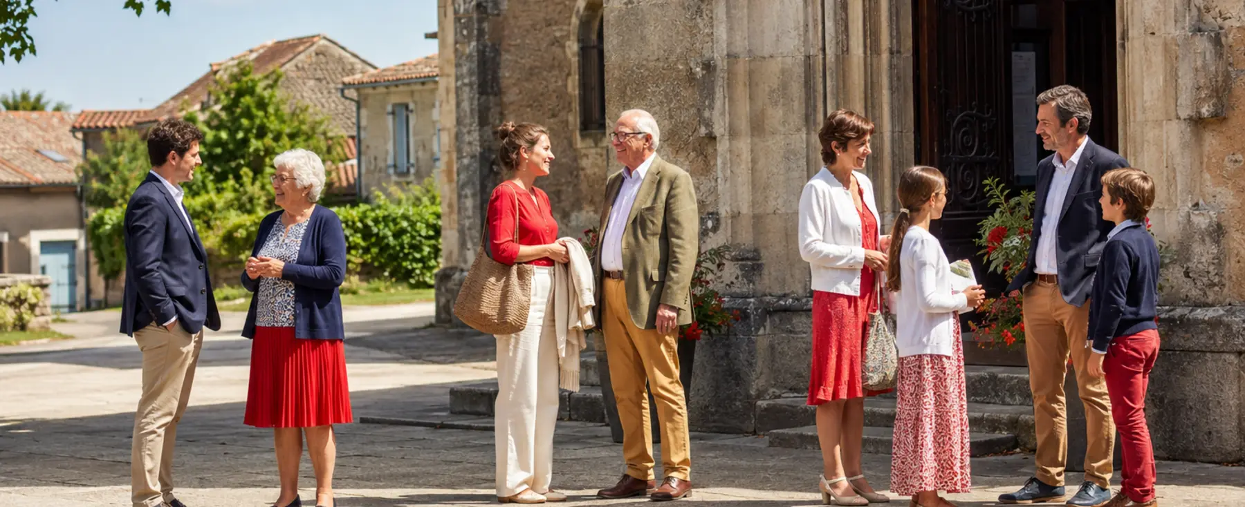 Huit paroissiens échangeant après une messe de Pentecôte en France
