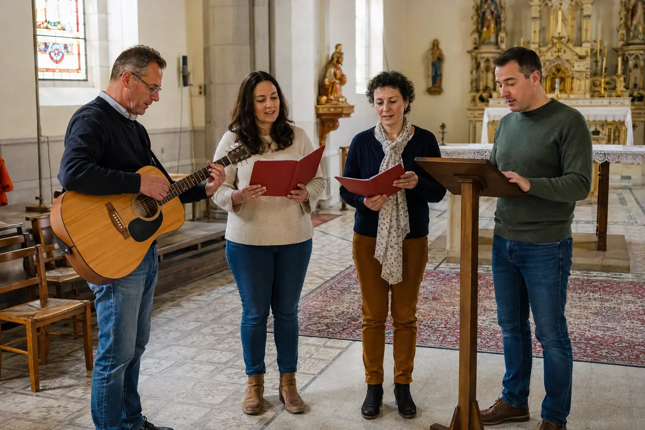 Quatre bénévoles répétant chants et lectures pour la Pentecôte
