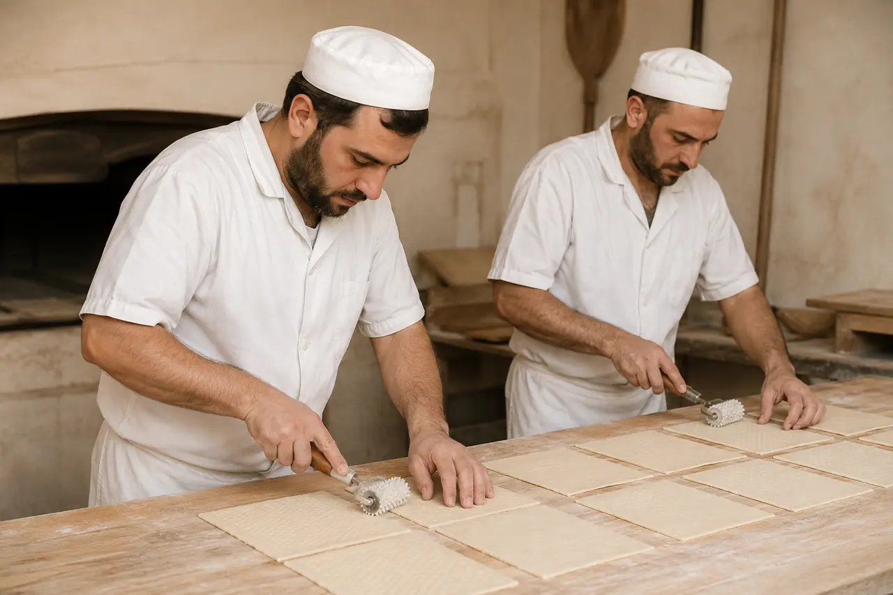Deux boulangers perforant des feuilles de matsa avant cuisson