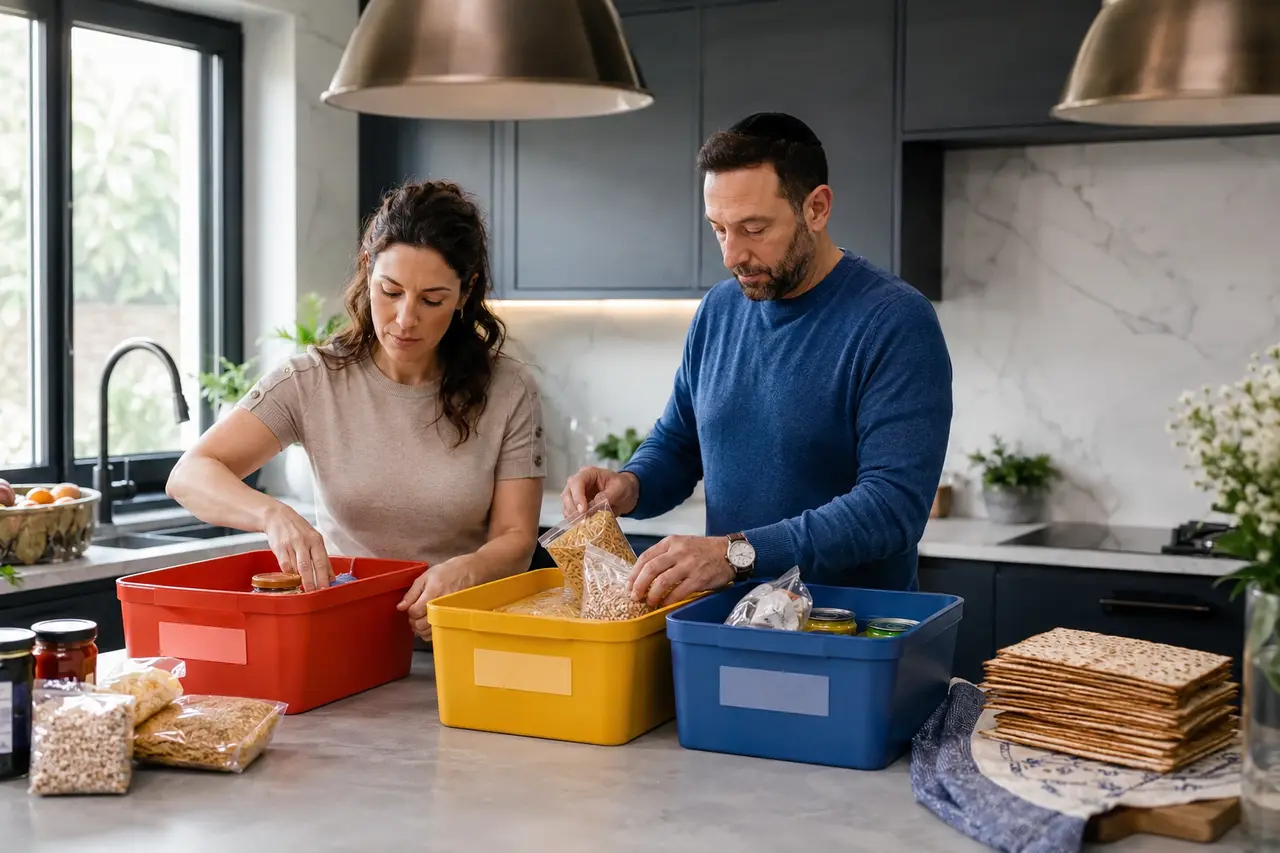 Couple rangeant les aliments et préparant des matsot avant Pessa’h