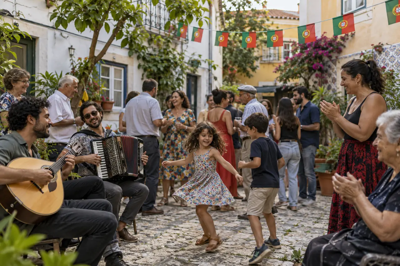 Familles et musiciens réunis dans une cour portugaise décorée de drapeaux
