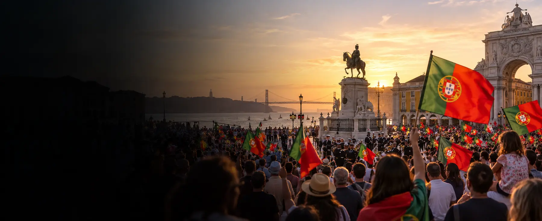 Célébration du 10 juin avec des drapeaux portugais sur la place du Commerce à Lisbonne