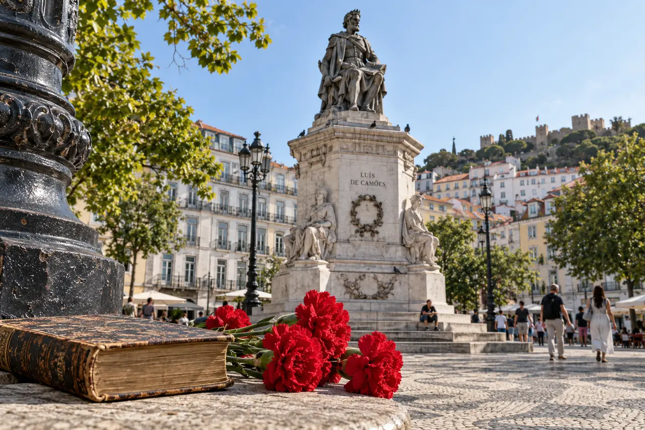 Monument à Luís de Camões à Lisbonne avec un livre et des œillets rouges