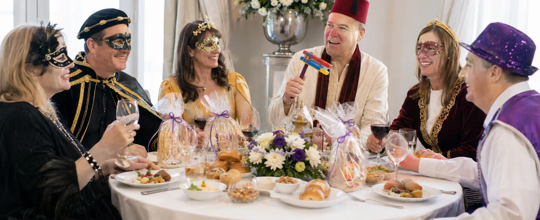 Six adultes costumés partageant un repas de Pourim