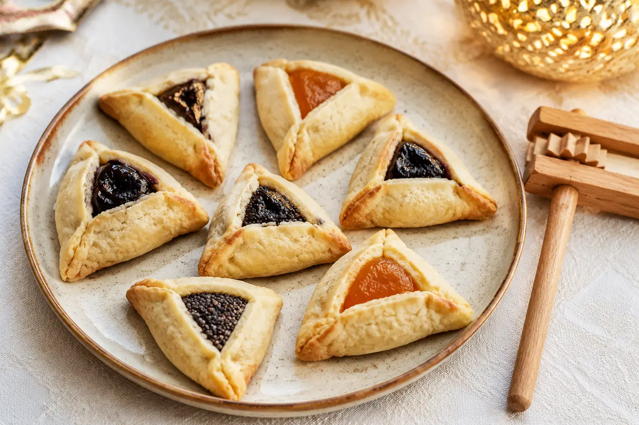 Sept pâtisseries triangulaires de Pourim et une crécelle en bois