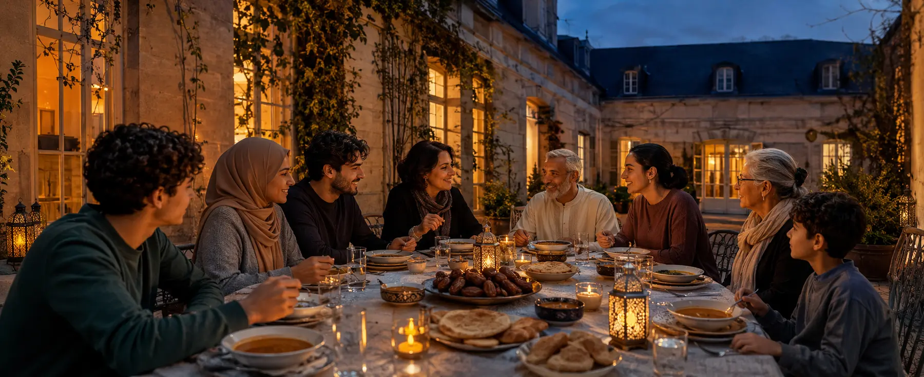 Huit personnes partageant un iftar dans une cour française