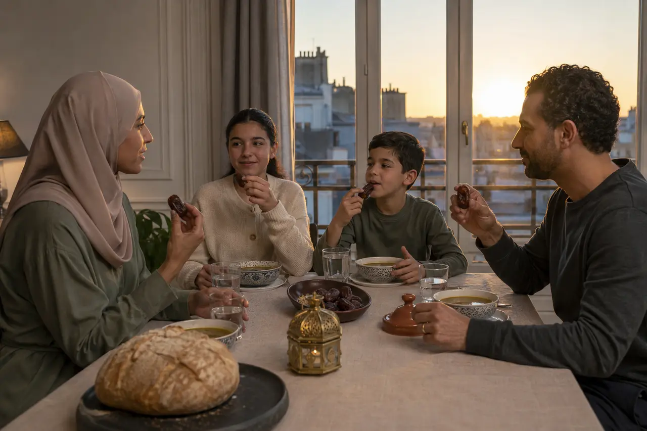 Parents et enfants rompant le jeûne avec des dattes et de l’eau