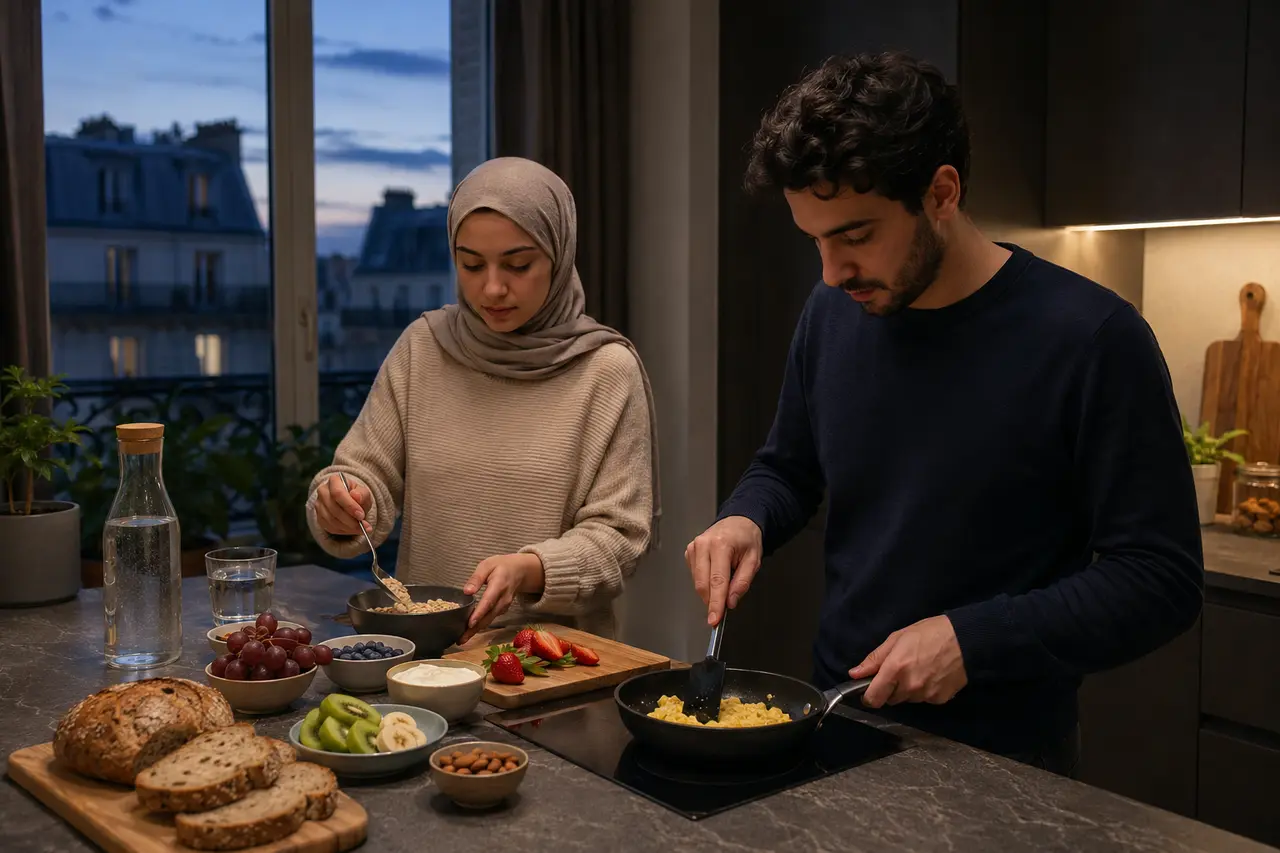 Deux adultes préparant un repas équilibré avant l’aube