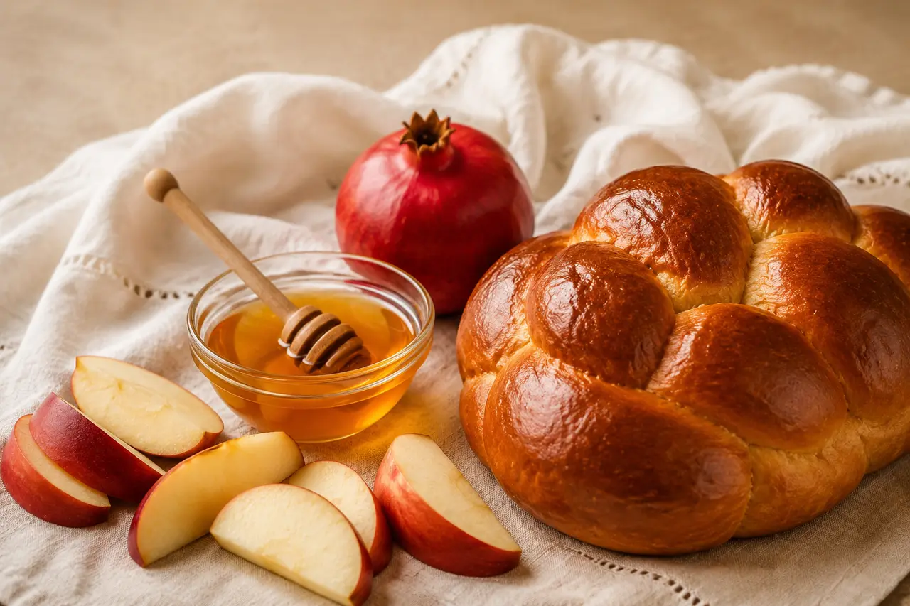 Pommes rouges, miel et grenade sur une table de Roch Hachana