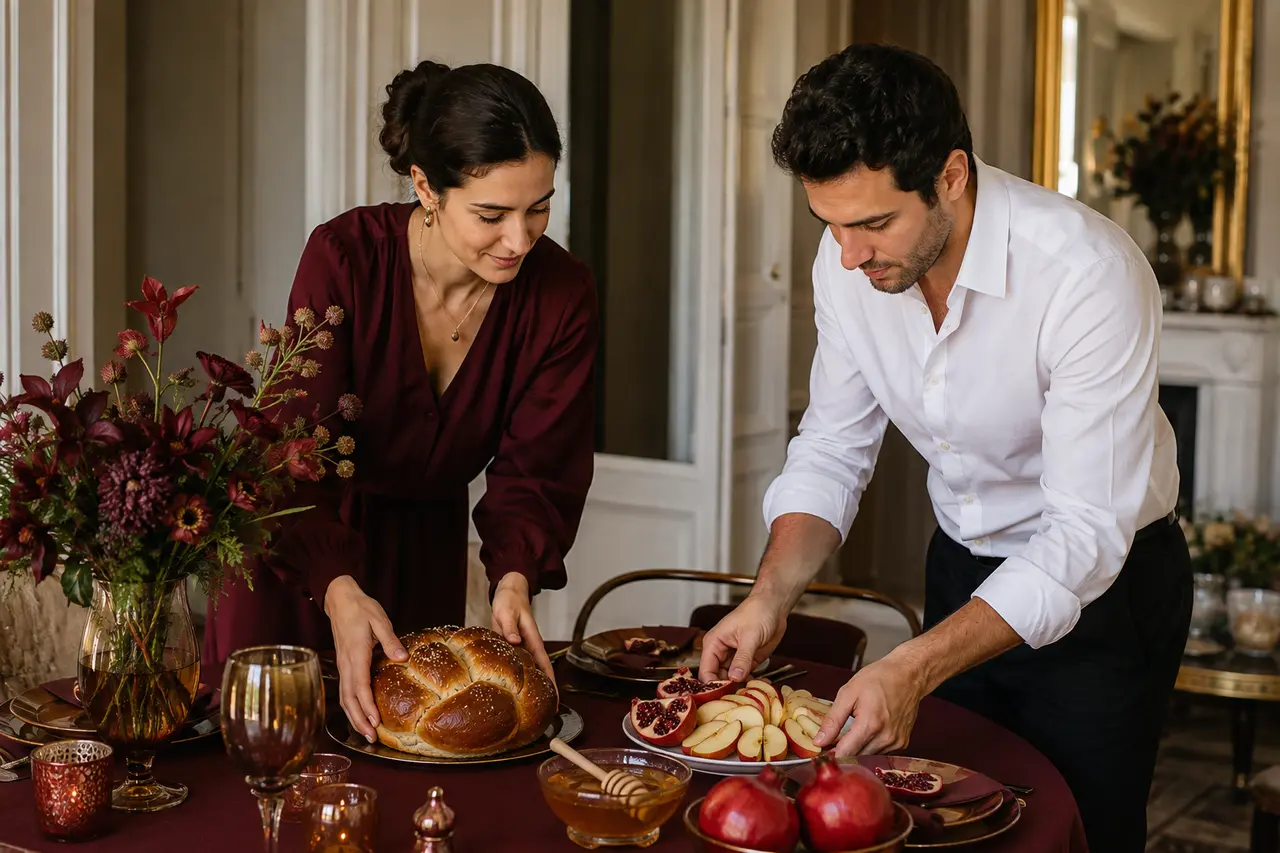 Couple préparant hallah, pommes, miel et grenade pour Roch Hachana
