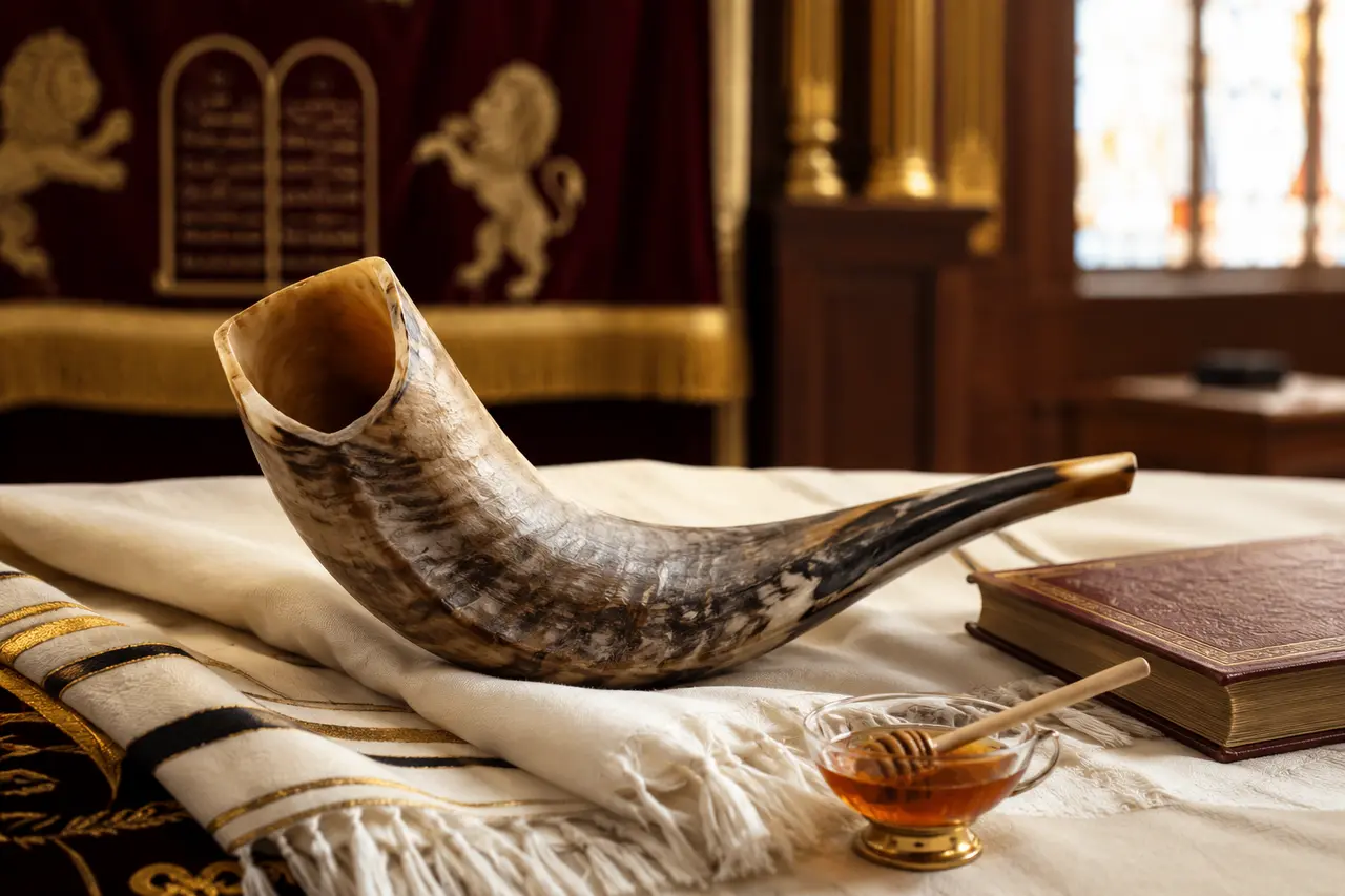 Personne soufflant dans un shofar à la synagogue