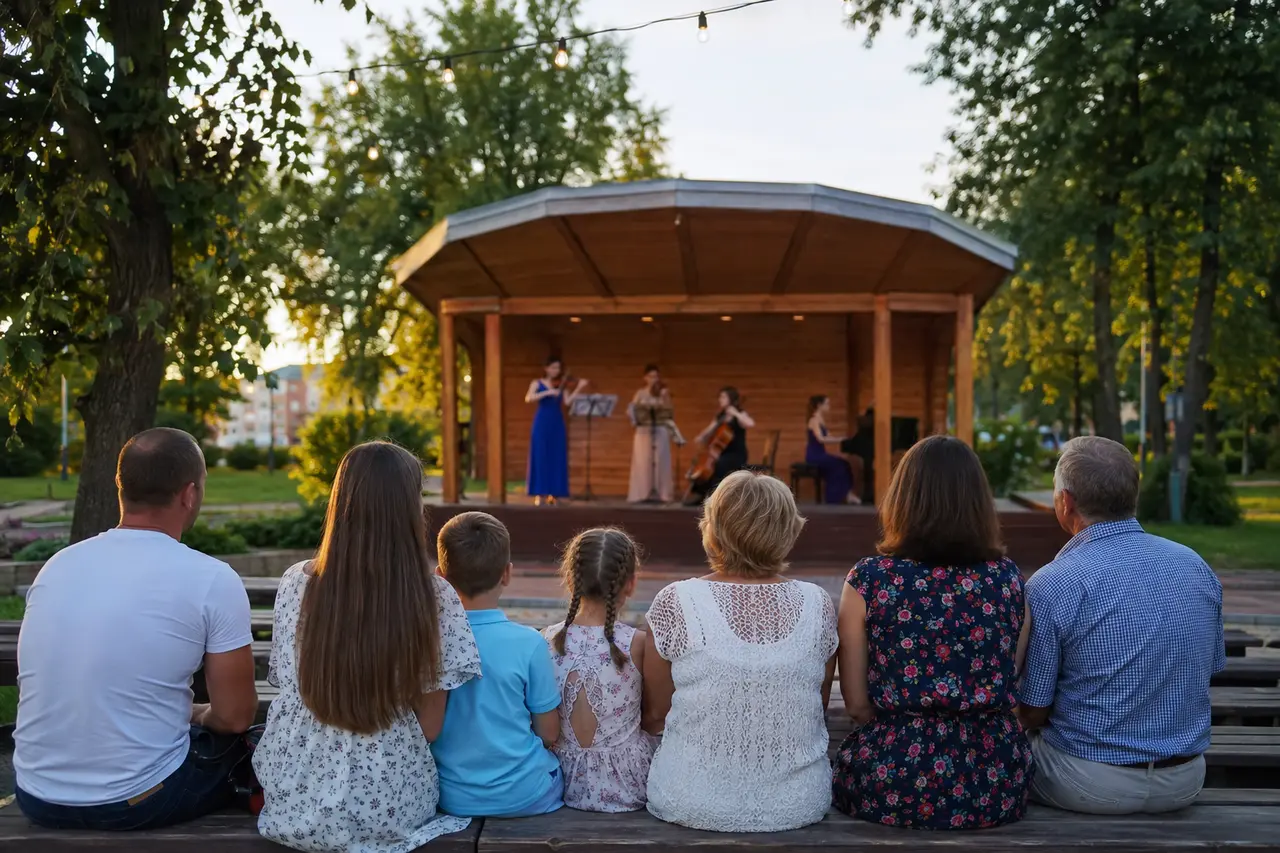 Sept spectateurs devant un petit concert de plein air dans un parc russe