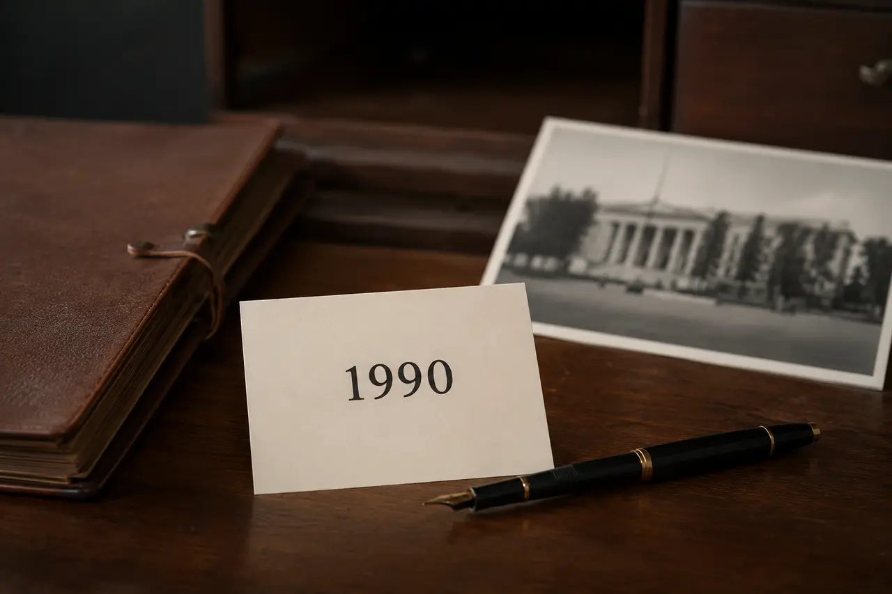 Carte 1990, dossier juridique et photographie d’archives d’un bâtiment parlementaire