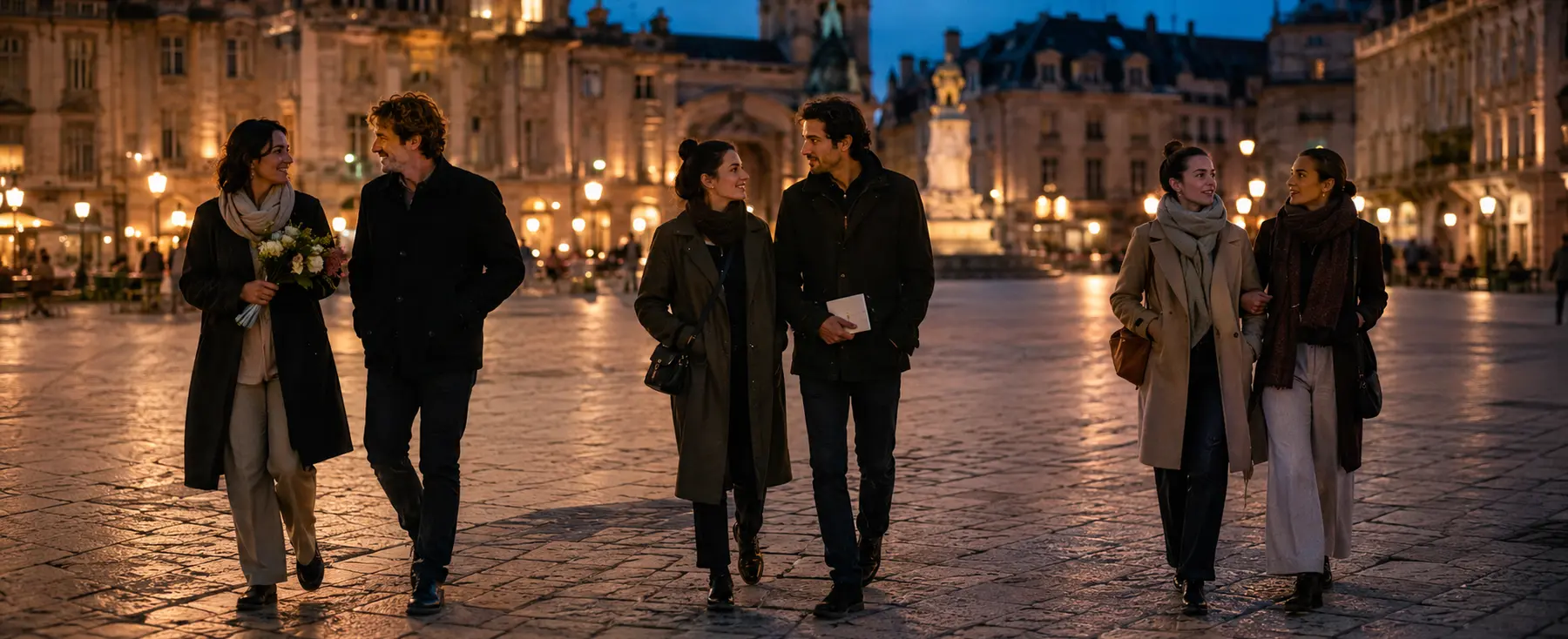 Couples et amis dans une place française illuminée le soir de la Saint-Valentin