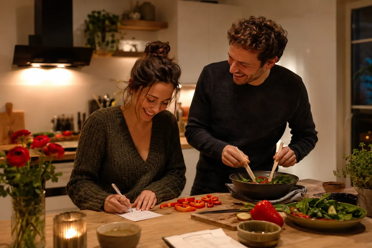 Couple cuisinant ensemble et écrivant un mot pour la Saint-Valentin