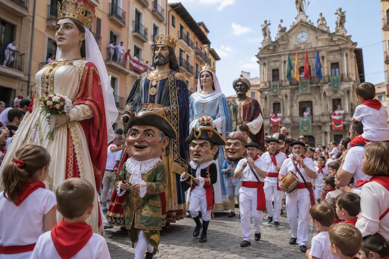 Géants et grosses têtes défilant devant des familles pendant San Fermín