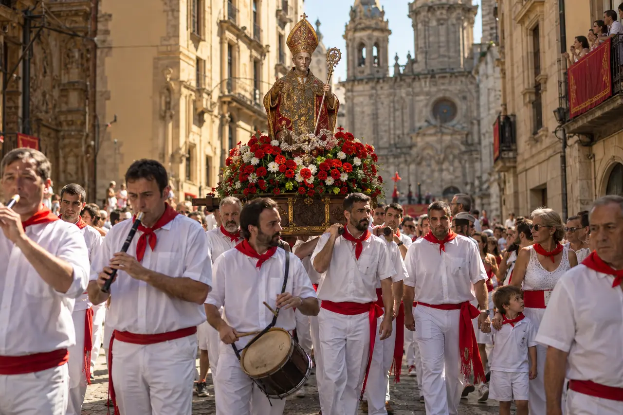 Procession de San Fermín avec la figure du saint, musiciens et habitants en blanc et rouge
