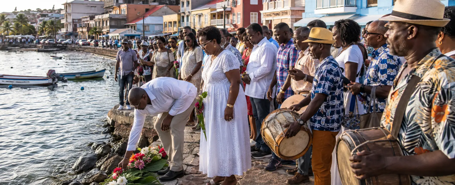 Cérémonie communautaire et musicale sur un front de mer antillais