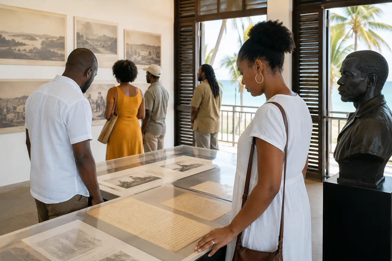 Visiteurs découvrant des archives et un buste dans un espace culturel caribéen