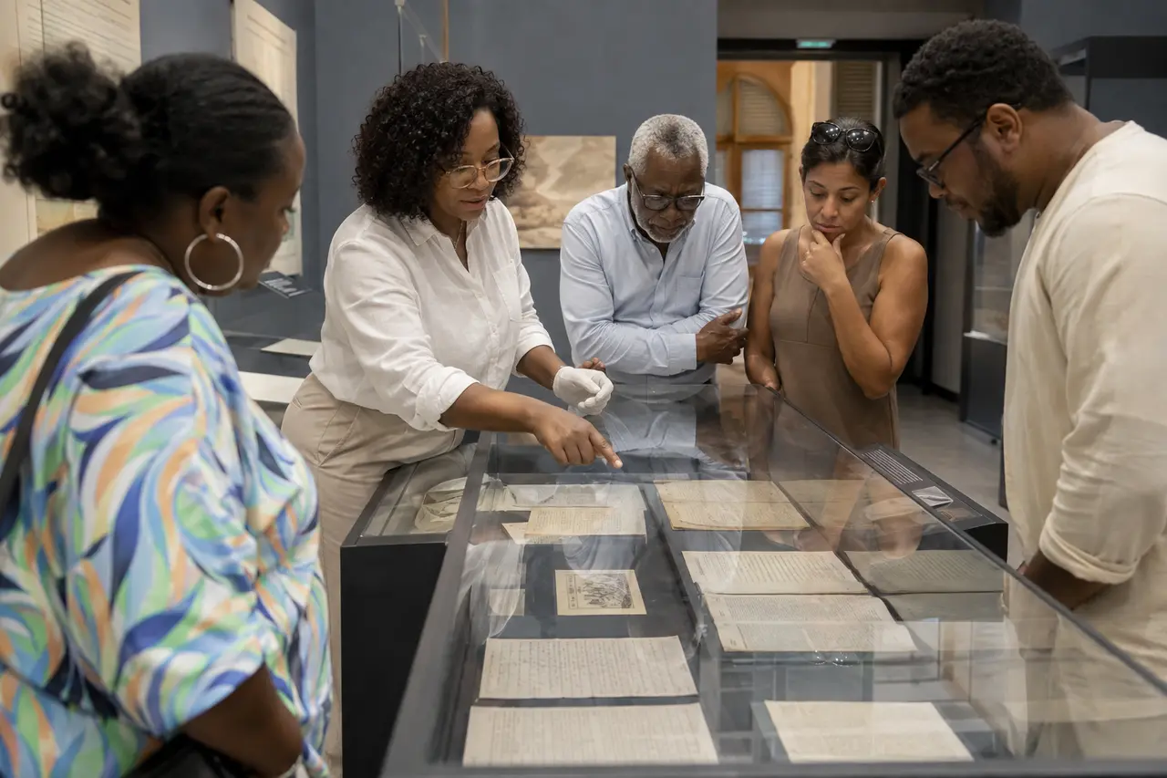 Médiatrice expliquant des documents d’archives à un groupe adulte