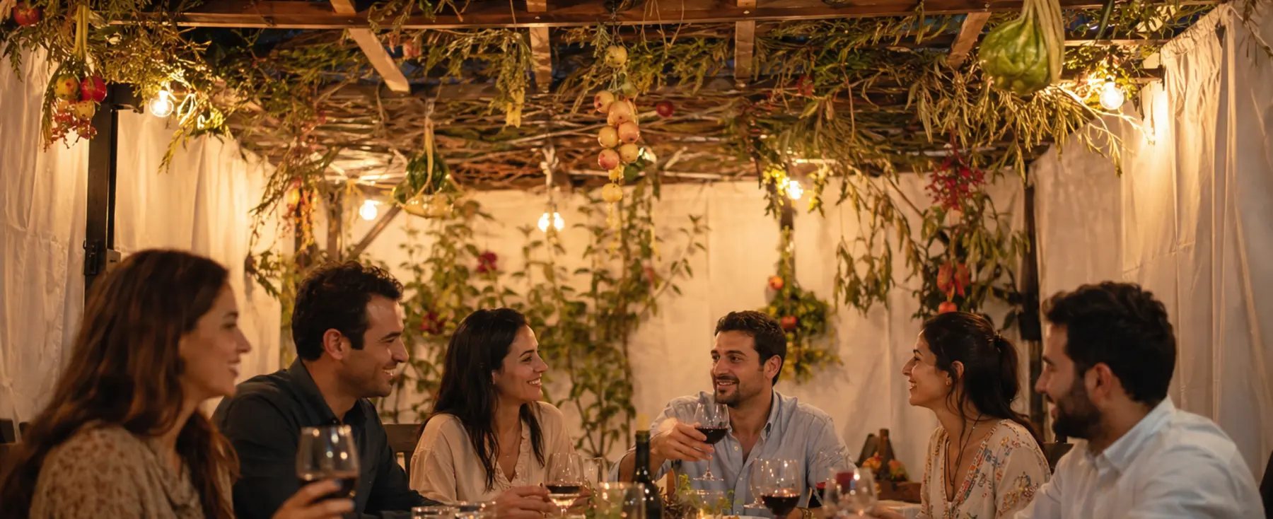 Six adultes autour d’un repas dans une soukka éclairée