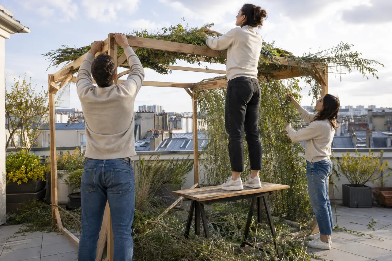 Trois adultes construisant une soukka sur une terrasse