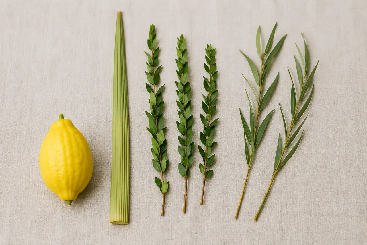 Un étrog, une palme, trois branches de myrte et deux branches de saule