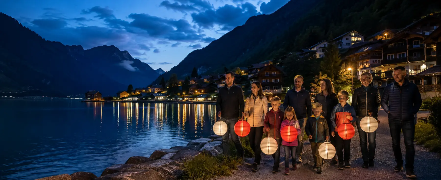 Sept adultes et trois enfants marchant avec des lanternes au bord d’un lac suisse