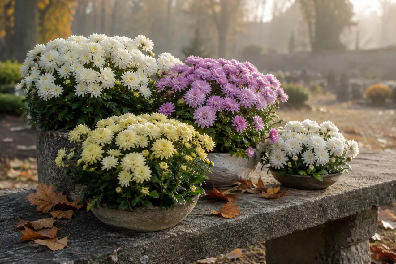 Pots de chrysanthèmes blancs et violets à la Toussaint