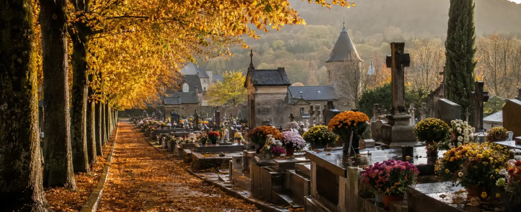 Allée d’un cimetière français fleurie de chrysanthèmes en automne