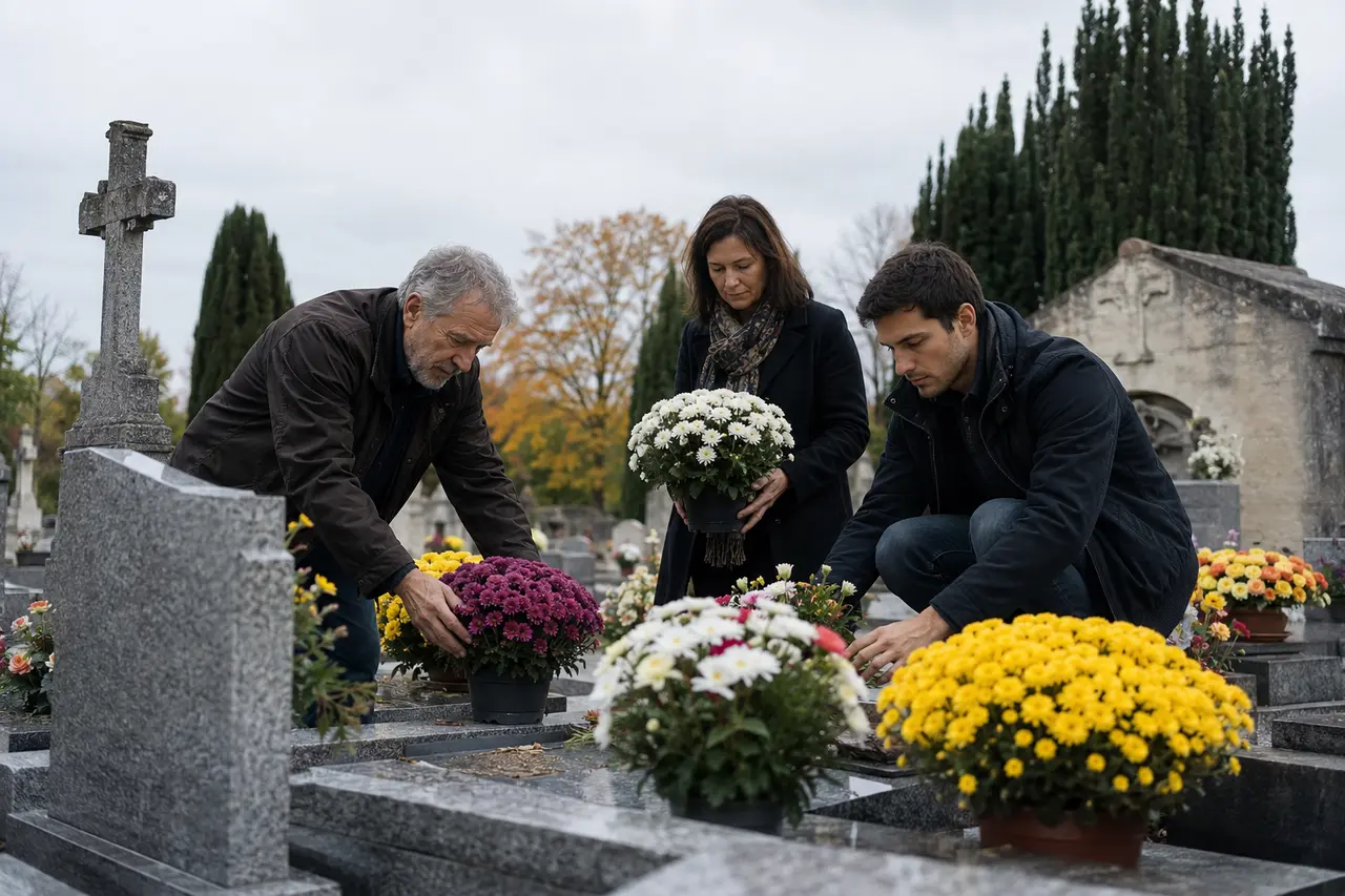 Trois membres d’une famille fleurissant une tombe à la Toussaint