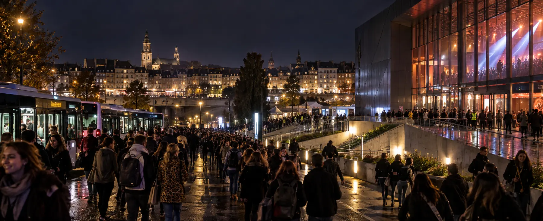 Panorama nocturne de Rennes avec navettes et public devant une grande salle de concert