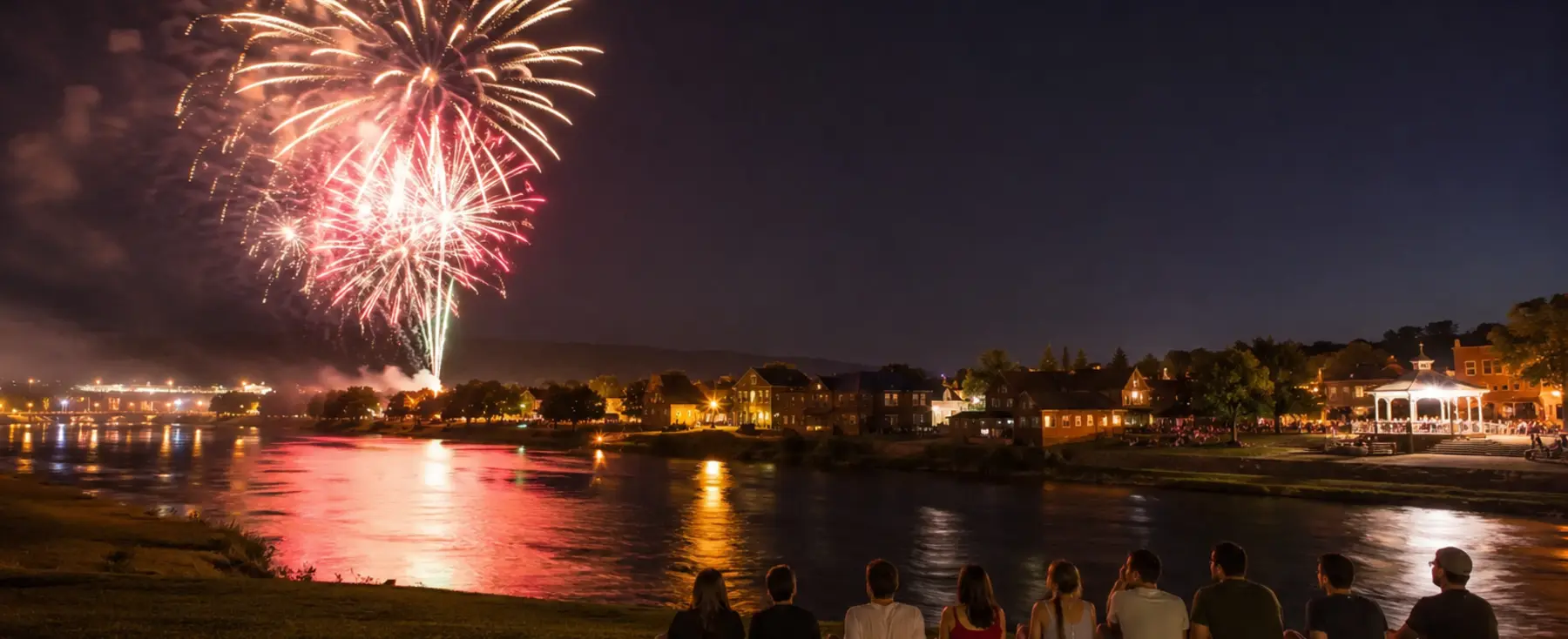 Huit personnes regardant un feu d’artifice du 4 juillet au bord d’une rivière américaine