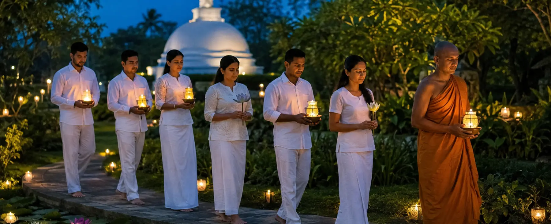 Sept adultes avançant avec lotus et lanternes lors d’une procession de Vesak