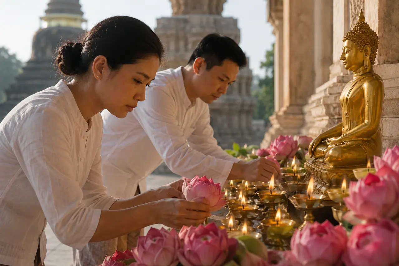Deux adultes déposant des lotus et des lampes dans un temple à Vesak