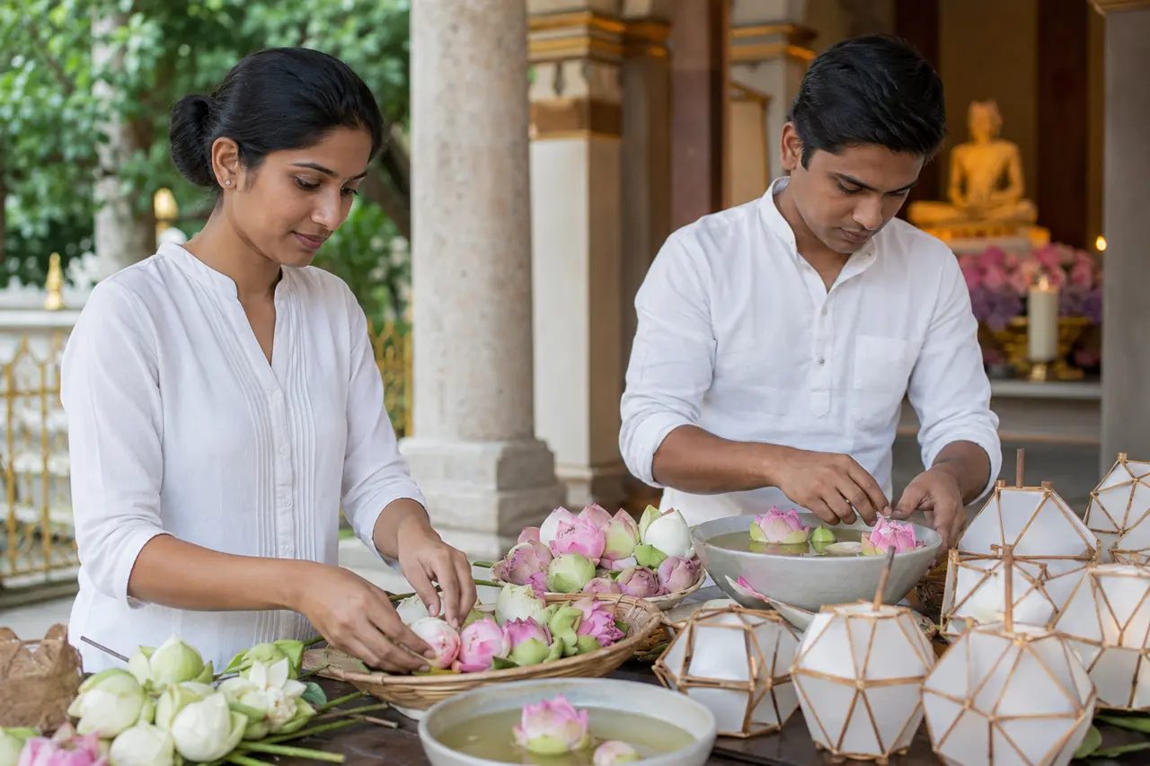 Deux adultes préparant lotus, lanternes réutilisables et bols d’eau pour Vesak