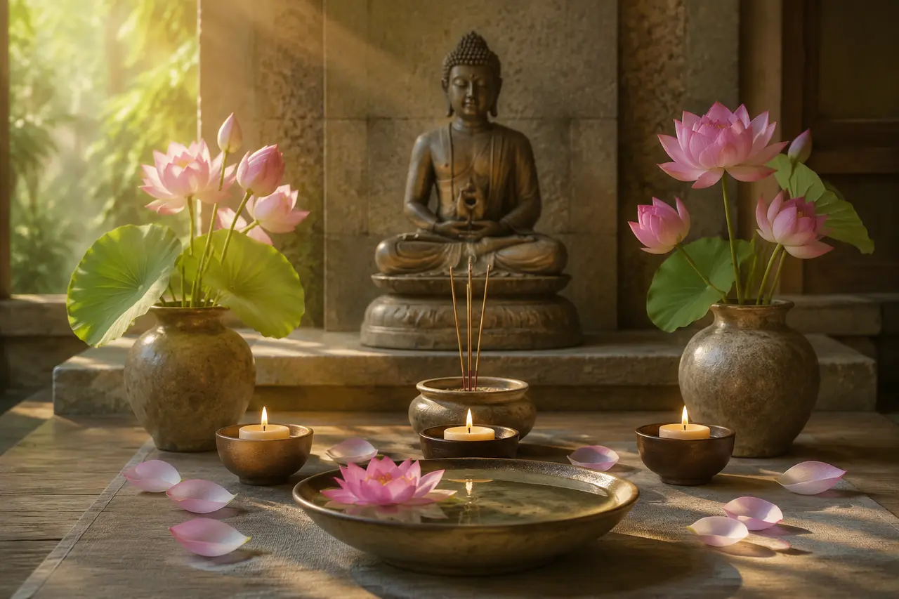 Statue du Bouddha, lotus, eau et trois lampes dans un temple