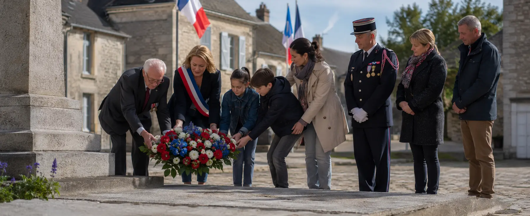 Huit personnes déposant une gerbe devant un monument aux morts le 8 mai