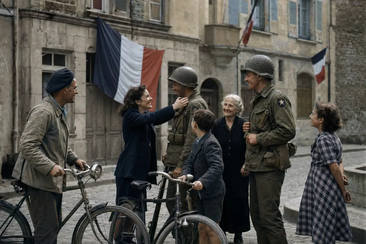 Habitants et soldats alliés dans une ville française libérée en 1945