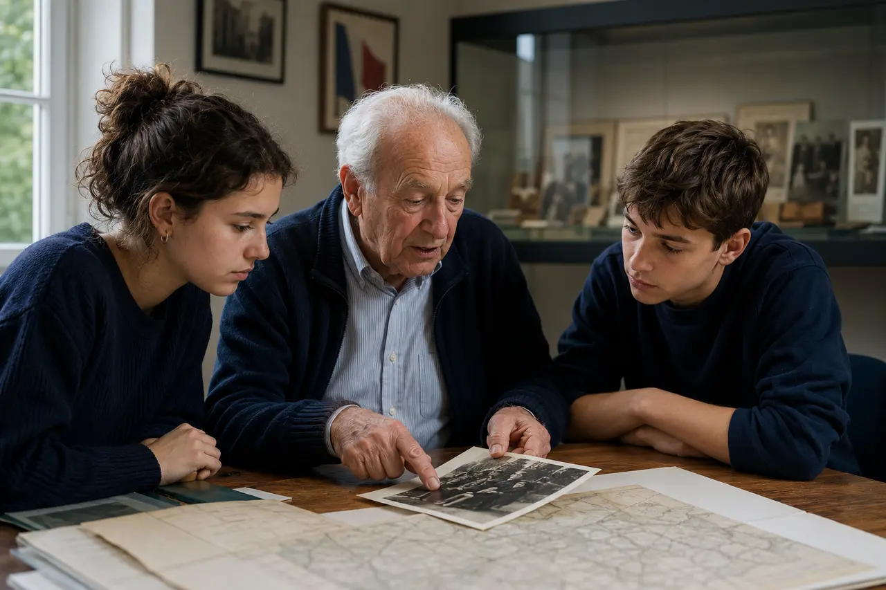 Un homme âgé explique des archives de 1945 à deux adolescents