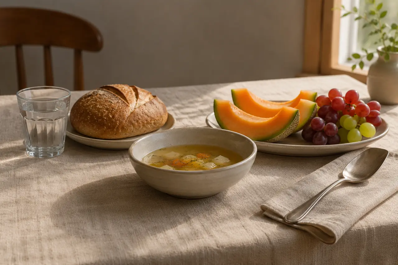 Verre d’eau, pain et fruits préparés sobrement avant le jeûne de Yom Kippour