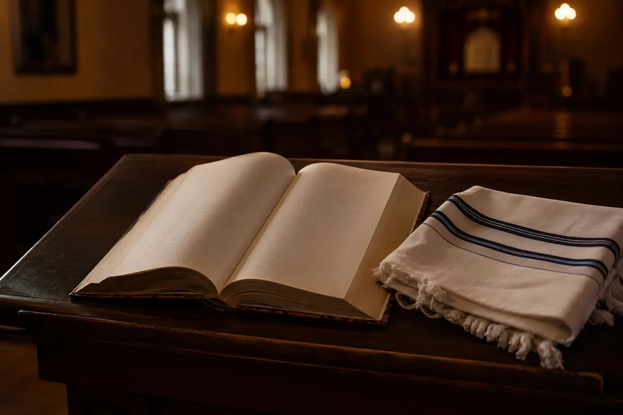 Livre de prières ouvert et talit posé dans une synagogue avant Kol Nidré